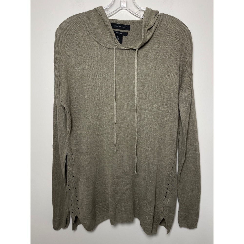 Tahari Women L Linen Knit Hoodie Sweater Taupe Pointelle Side Slit Coastal Beach